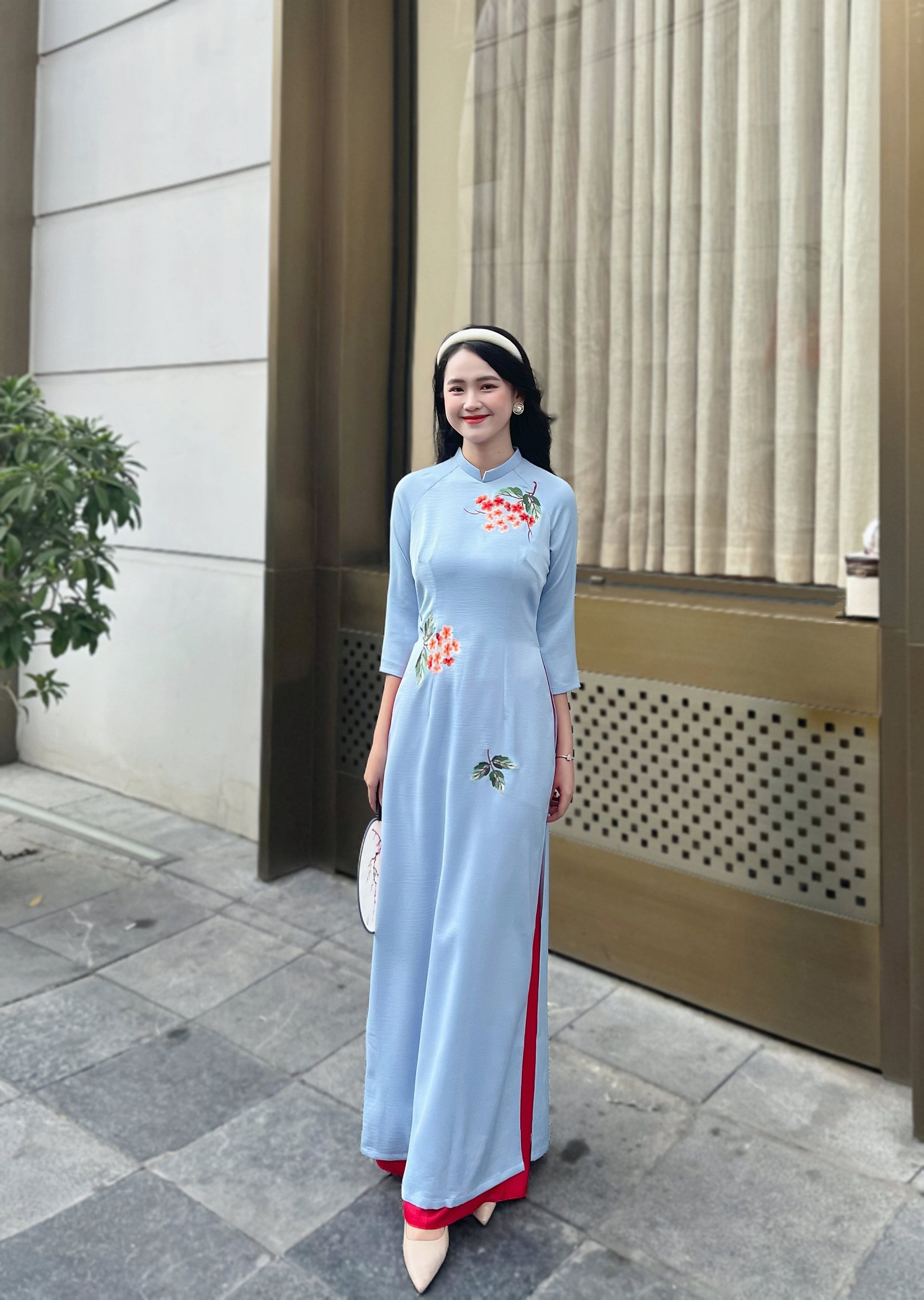 blue vietnamese dress traditional Ao Dai long with 3D flower , including pants baby blue ao dai