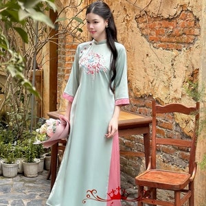 Blue Designed 3D Floral embroidery Vietnamese dress Ao Dai  -included pants