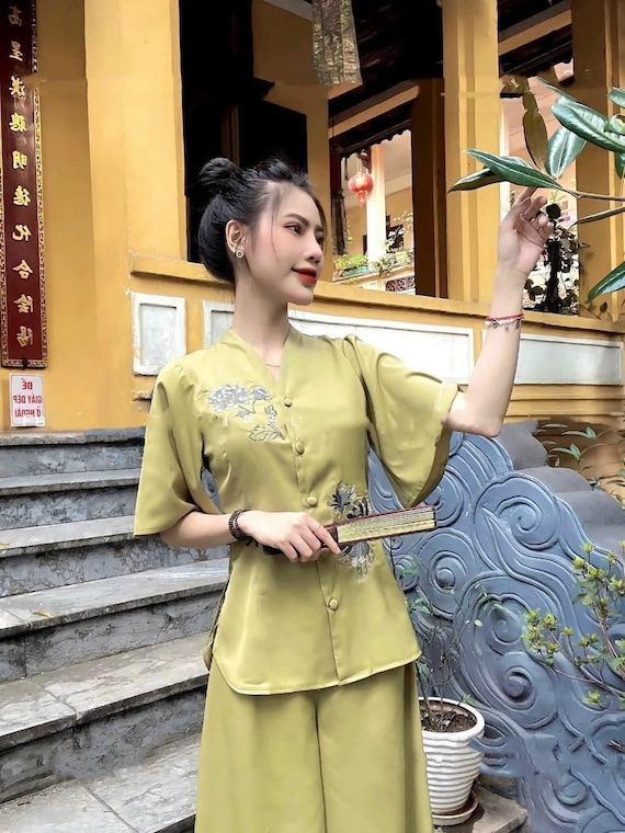 Do Lam Di Chua Do Bo Phat Tu Pajamas Set Vietnamese Included Pant for Temple Green Phap Phuc Etsy