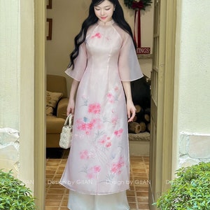 Pastel pink  Designed 3D Floral Vietnamese dress Ao Dai -included pants