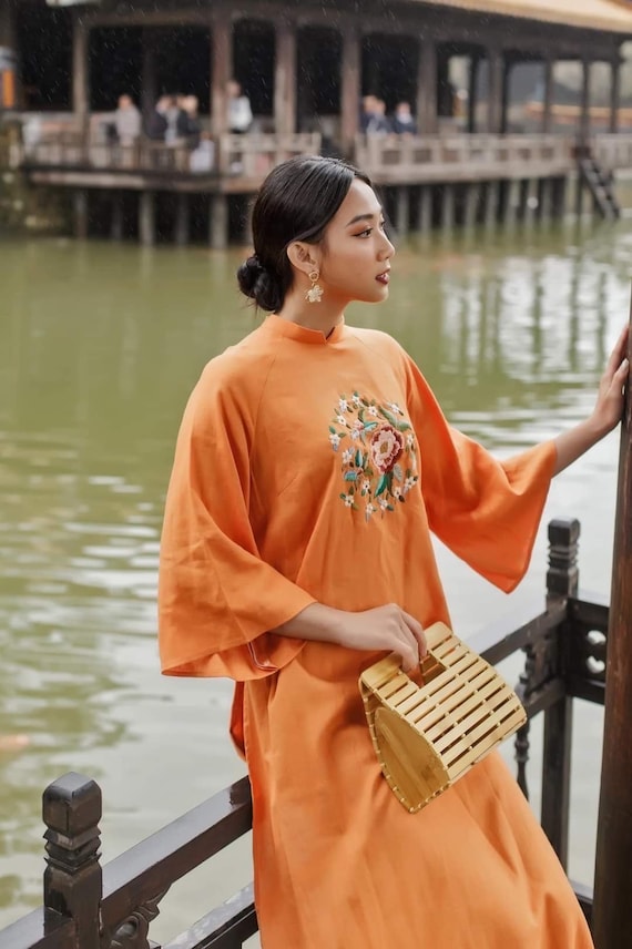 Orange Vietnamese traditional dresses Linen-included pants