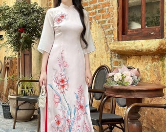 Designed 3D Floral Vietnamese Dress Ao Dai Nude Pink -included