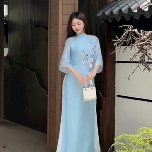 Designed 3D Floral Vietnamese dress Ao Dai Sky Blue -included pants