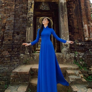 Light Royal Blue soft silk Ao Dai Vietnam traditional dress with double layers pants