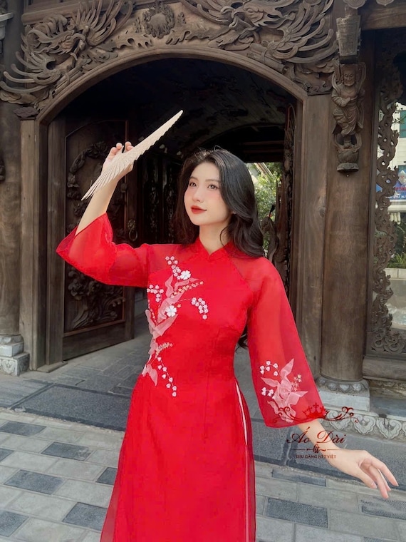 Red Designed 3D Floral Vietnamese dress Ao Dai -included pants Red Designed 3D Floral Vietnamese dress Ao Dai -included pants