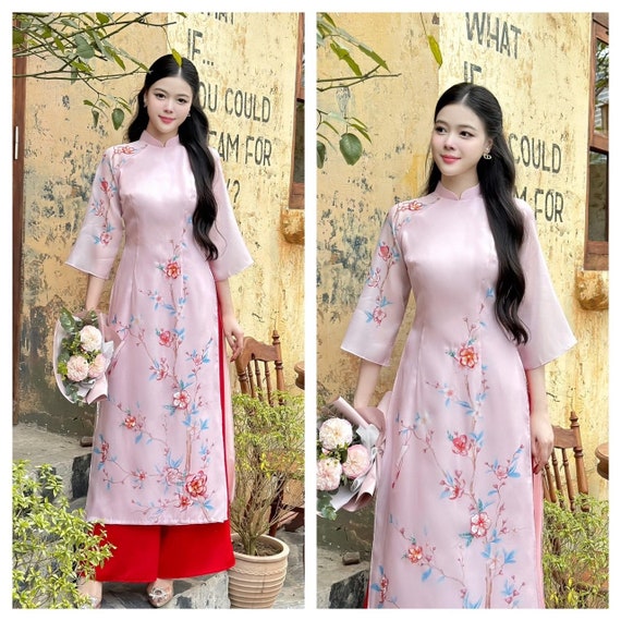 Designed 3D Floral Vietnamese Dress Ao Dai Pink -included Pants