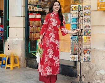 Red Vietnamese traditional dress Ao Dai embroidery flowers design -included red pants
