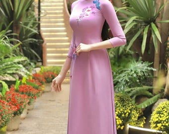 Lavender Vietnamese Traditional Ao Dai Long Dress With 3D Flower