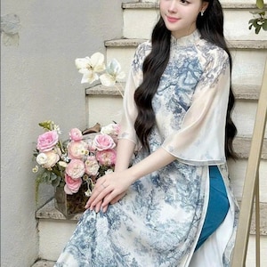 Designed 3D Floral Vietnamese dress Ao Dai Sky Blue -included pants