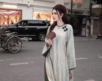Brocade light green Vietnamese dress Ao Dai -included pants