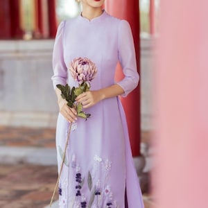Lavender Vietnamese traditional Ao Dai long dress with 3D flower , including pants