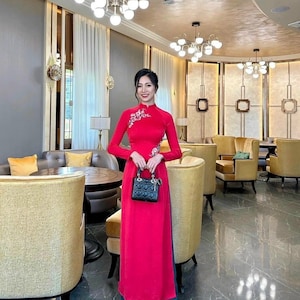 Designed 3D Floral Vietnamese dress red Ao Dai -included pants
