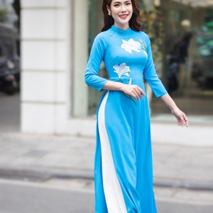 Blue Vietnamese traditional Ao Dai long dress  , including pants