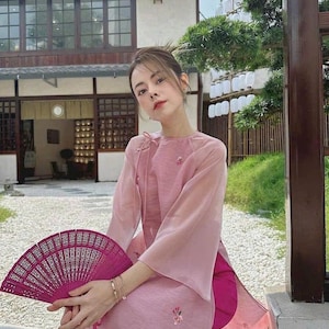 Designed 3D Floral Vietnamese dress pink - red Ao Dai