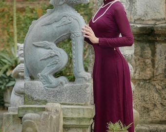 Burgundy soft silk ao dai Vietnam traditional dress with double layers pants