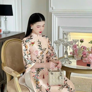 Pink Designed 3D Floral Vietnamese dress Ao Dai for Tet Luna New year/taffeta material -included pants