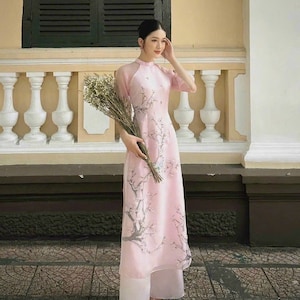 Designed 3D Floral Vietnamese dress pink Ao Dai -included pants