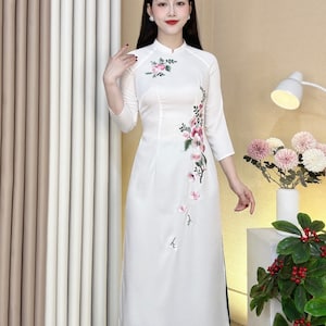 White Vietnamese traditional Ao Dai long dress with 3D flower , including pants