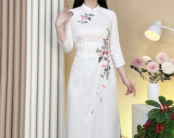 【ao 】AMERI EMBROIDERY DRESS White Vietnamese Traditional Ao Dai Long Dress With 3D