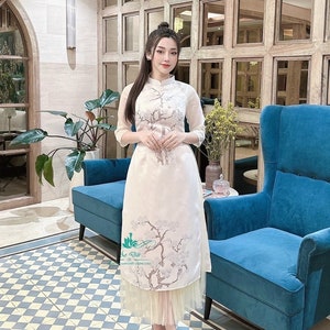 Special Designed 3D Floral Vietnamese dress Ao Dai  -included vintage skirt