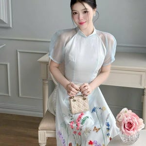 Designed 3D Floral Vietnamese dress blue Ao Dai -included pants