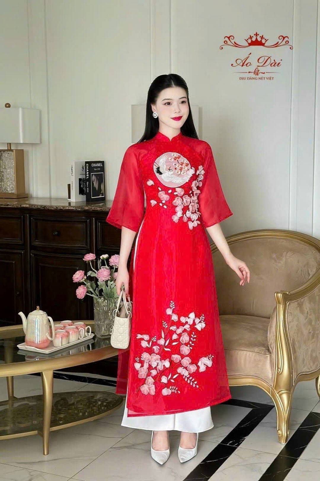 【ao 】AMERI EMBROIDERY DRESS AMARI Traditional ao dai with 3D Flowers and crystals| Ao