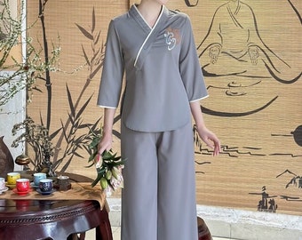 Gray set Do lam di chua, do bo phat tu/linen pajamas set Vietnamese included pant for temple/phap phuc