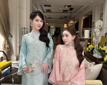 Designed 3D Floral Vietnamese dress Ao Dai Pink jacquard/ pink brocade -included pants