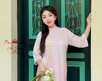 Designed 3D Floral Vietnamese dress Ao Dai Pink jacquard/ brocade -included pants