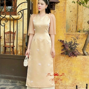 Designed 3D Floral Vietnamese dress yellow Ao Dai -included pants