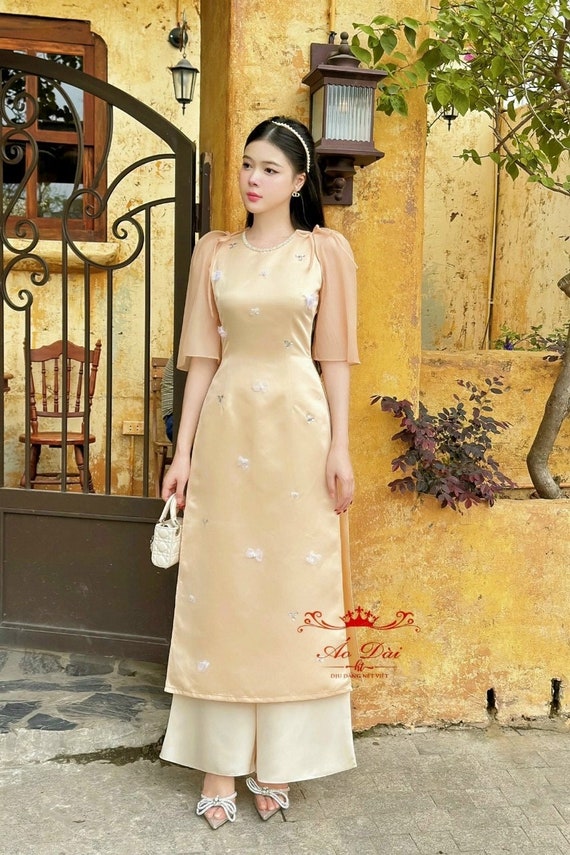Designed 3D Floral Vietnamese dress yellow Ao Dai -included pants