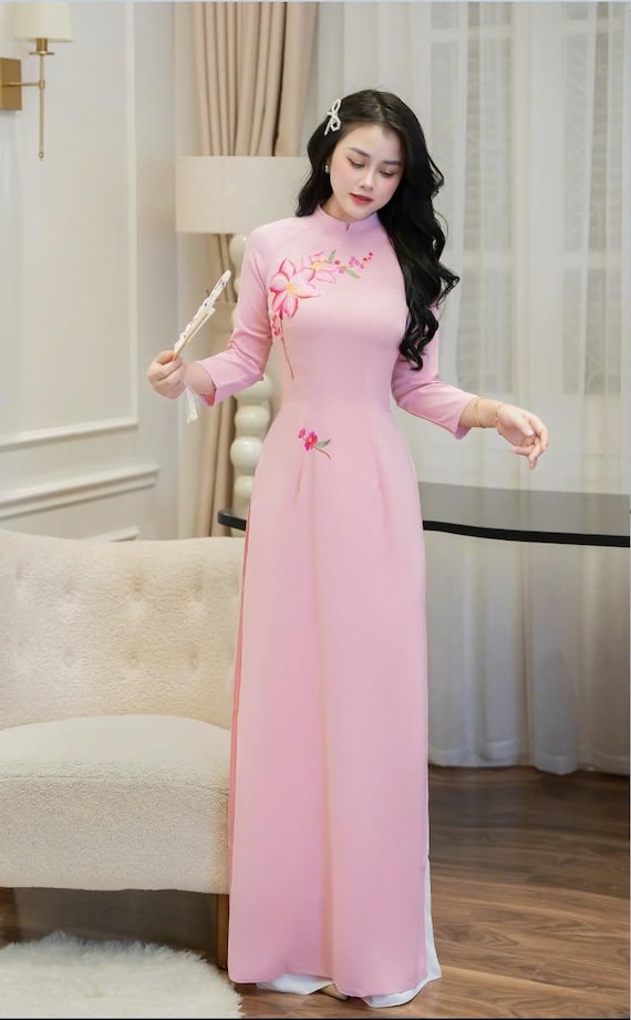 long dress vietnamese White Vietnamese Ao Dai w Lotus embroidered | Vietnamese long dress with Pants