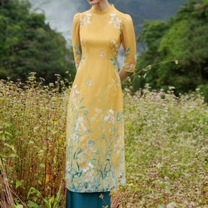 Designed 3D Floral Vietnamese dress Ao Dai yellow -included pants
