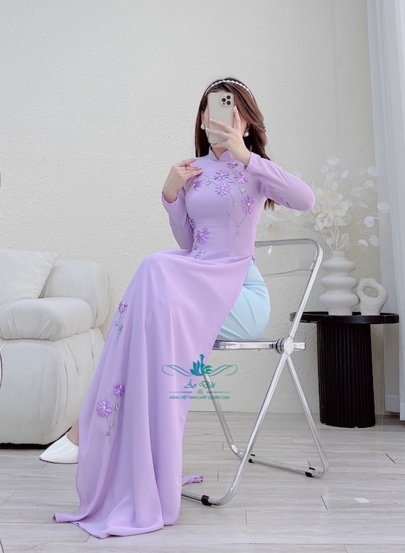 Lavender Vietnamese Traditional Ao Dai Long Dress With 3D Flower Including Pants Etsy Canada