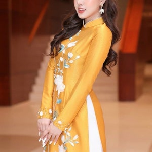 Designed 3D Floral Vietnamese dress Ao Dai red -included pants/wedding dresses/bridal dress