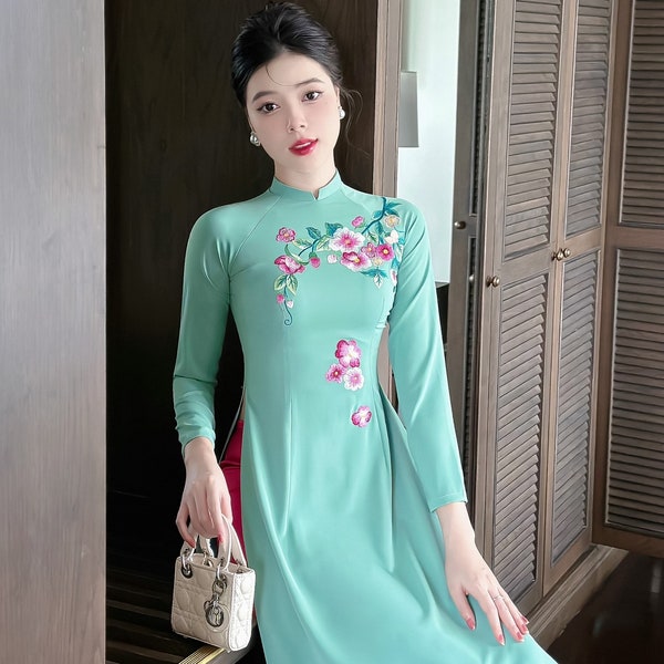 Mint Green Vietnamese traditional Ao Dai long dress with 3D flower , including pants