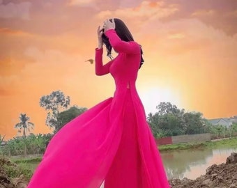 Pink flamingos soft silk ao dai Vietnam traditional dress with double layers pants (the color will be different a little bit )