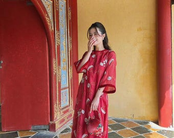 Red Vietnamese traditional dress Ao Dai embroidery flowers design -included red pants