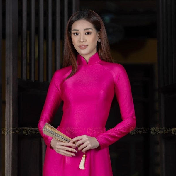 Hot pink soft silk /lụa 2 da/ao dai Vietnam traditional dress double layers included pants