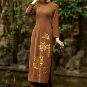 Brown set Do lam di chua,phat tu/linen Vietnamese ao dai included pant for temple/phap phuc