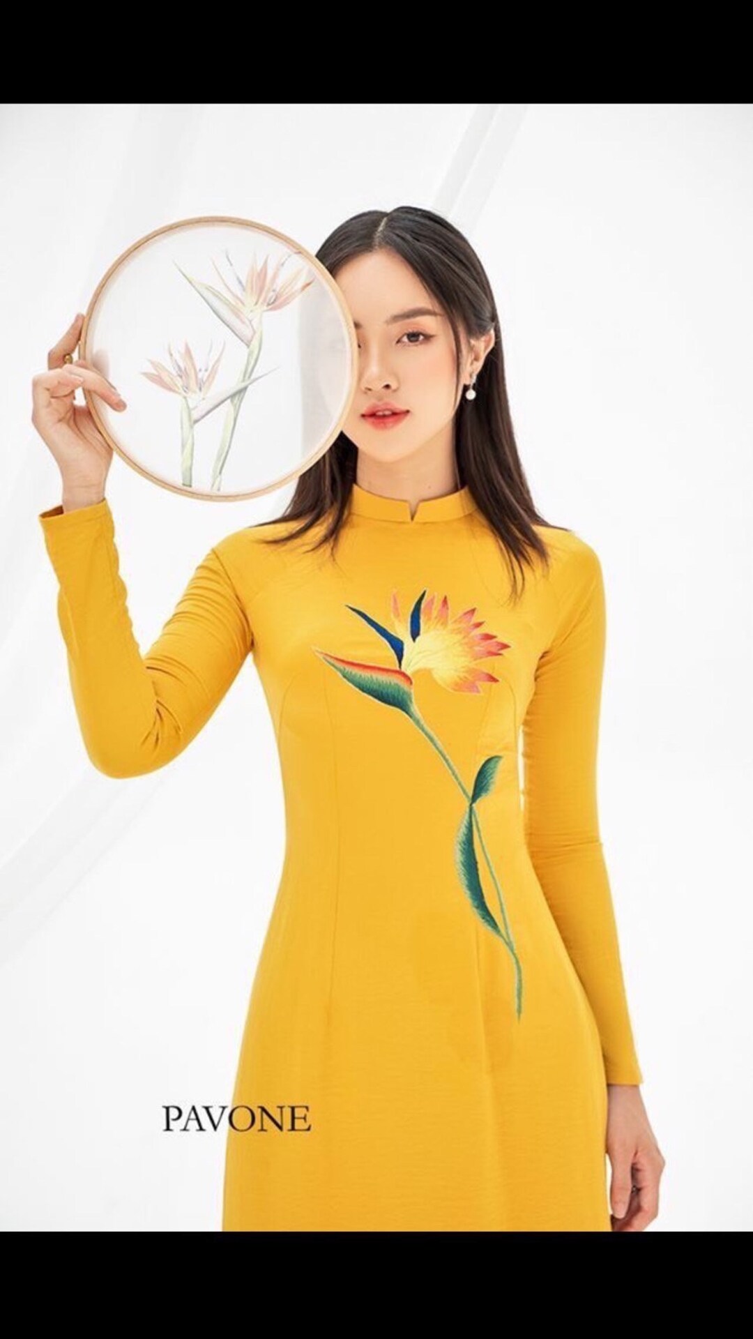 Yellow Mustard Vietnamese Traditional Ao Dai Long Dress With 3D Flower