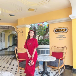 Red Vietnamese traditional Ao Dai long dress with 3D design  , including pants