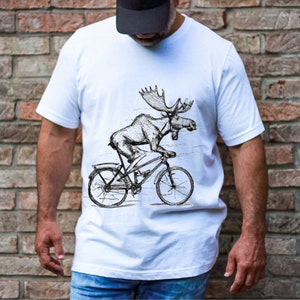 Mens T Shirt, Unisex Tee, Cotton Tee, Graphic tee, Bicycle shirt, Bike Tee, Moose on a bicycle, Womens T Shirt