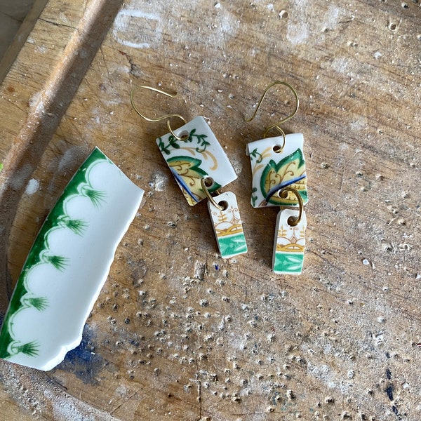 Old floral hand painted earrings in jade and gold made from vintage broken porcelain.