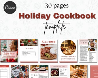 May include: A 30-page holiday cookbook template with a red and white color scheme. The cover features the text "Holiday Cookbook Template" and a festive image of a gingerbread man. The pages include recipes for festive starter, main course, and dessert.