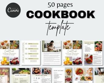 May include: A 50-page cookbook template with a green and white colour scheme. The template includes a table of contents, recipe pages, and a connect with us page. The text on the cover reads "Cook Book: Culinary Creations, A Taste of Home".