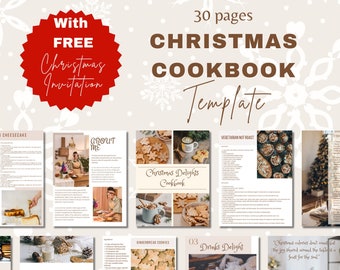 May include: A 30-page Christmas cookbook template with a festive design. The cover features a Christmas tree, a mug of hot chocolate, and a plate of gingerbread cookies. The title "Christmas Delights Cookbook" is displayed in a brown font. The template includes recipes for festive starters, main courses, desserts, and drinks.