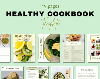 May include: A digital cookbook template with a green background and a title that reads "Healthy Cookbook Template". The template includes images of healthy food, such as fruit, vegetables, and smoothies. The text on the pages includes titles such as "Breakfast Bliss", "Green Smoothie Delight", "Wholesome Sides", "Baked Salmon with Citrus Glaze", and "Snack A".