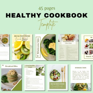 May include: A digital cookbook template with a green background and a title that reads "Healthy Cookbook Template". The template includes images of healthy food, such as fruit, vegetables, and smoothies. The text on the pages includes titles such as "Breakfast Bliss", "Green Smoothie Delight", "Wholesome Sides", "Baked Salmon with Citrus Glaze", and "Snack A".