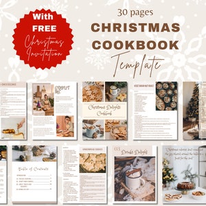 May include: A 30-page Christmas cookbook template with a festive design. The cover features a Christmas tree, a mug of hot chocolate, and a plate of gingerbread cookies. The title "Christmas Delights Cookbook" is displayed in a brown font. The template includes recipes for festive starters, main courses, desserts, and drinks.